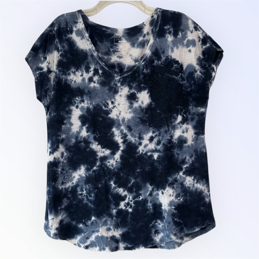 Sonoma Navy white Tie Dye Short Sleeves Embroidered Shirt Top Size Petite Lg